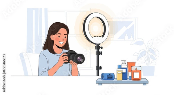 Fototapeta Content Creator Filming Product Review with Ring Light and Blender in Cozy Home Setup