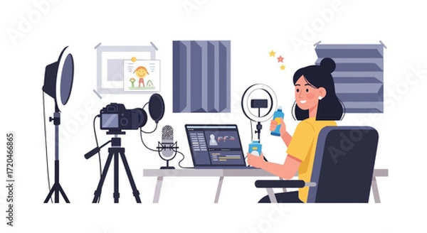Fototapeta Content Creator Filming Product Review with Ring Light and Blender in Cozy Home Setup