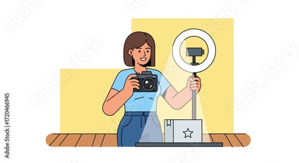 Fototapeta Content Creator Filming Product Review with Ring Light and Blender in Cozy Home Setup