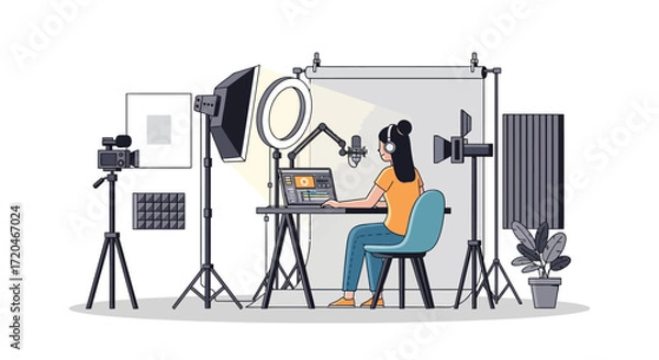 Fototapeta Content Creator Filming Product Review with Ring Light and Blender in Cozy Home Setup