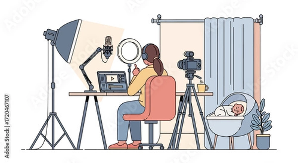 Fototapeta Content Creator Filming Product Review with Ring Light and Blender in Cozy Home Setup