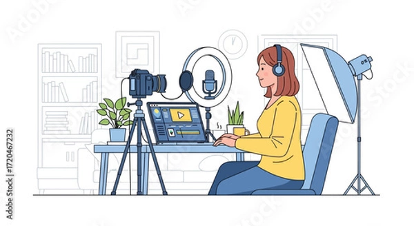 Fototapeta Content Creator Filming Product Review with Ring Light and Blender in Cozy Home Setup