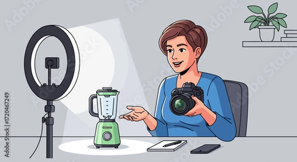 Fototapeta Content Creator Filming Product Review with Ring Light and Blender in Cozy Home Setup
