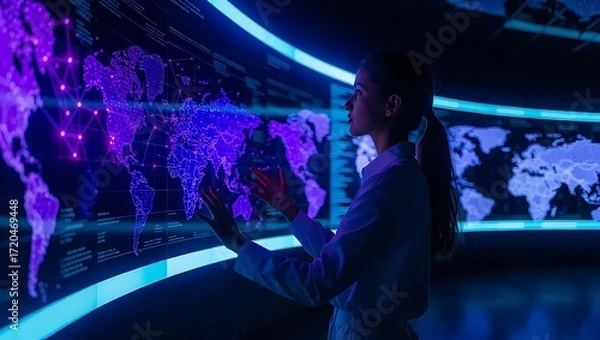 Obraz woman touching digital screen global map