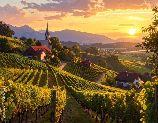 Obraz Vineyards at Sunset in a Picturesque Valley