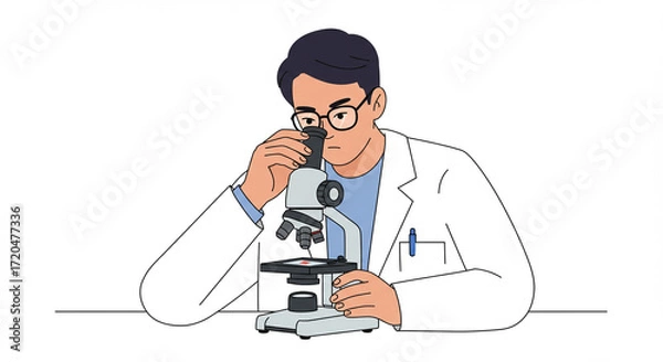 Fototapeta Dedicated Scientist in Lab Coat Examining Sample with Microscope, Flat Vector Illustration