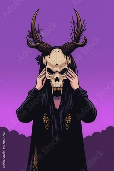 Fototapeta A dark shaman in a black cloak holds a terrifying, fanged skull mask with antlers to her face.

