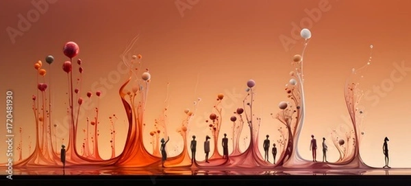 Fototapeta Miniature Figures and a Phoenix in Ethereal Light, Tiny figures from life phoenix, ai generative