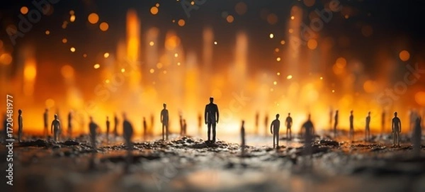 Fototapeta Miniature Figures and a Phoenix in Ethereal Light, Tiny figures from life phoenix, ai generative