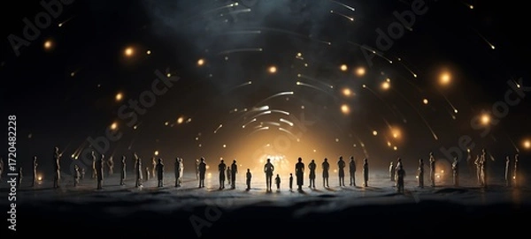 Fototapeta Miniature Figures and a Phoenix in Ethereal Light, Tiny figures from life phoenix, ai generative
