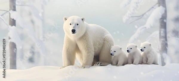 Fototapeta Tiny figures from life snow bear, Miniature Snow Bears in a Winter Wonderland, ai generative