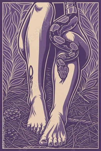Fototapeta A stylized illustration of a python snake wrapped around a person's legs in a wild setting.

