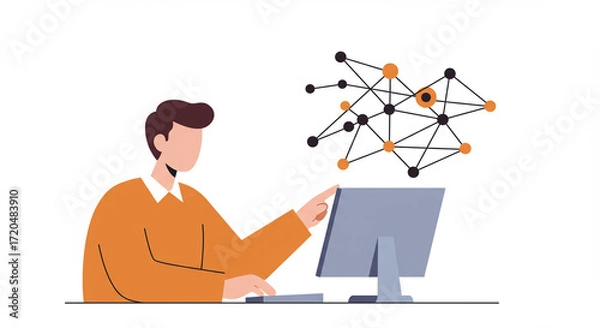 Fototapeta Man Interacting with a Network Visualization on Computer Screen