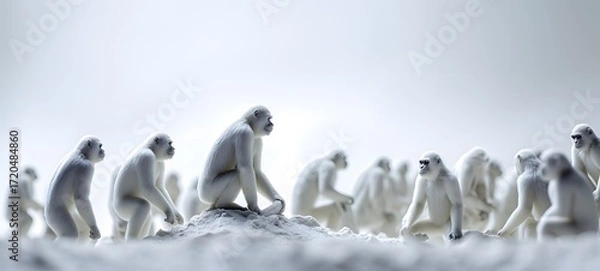 Fototapeta Tiny figures from life white gorilla, Miniature Humans and a Life-Sized White Gorilla, ai generative