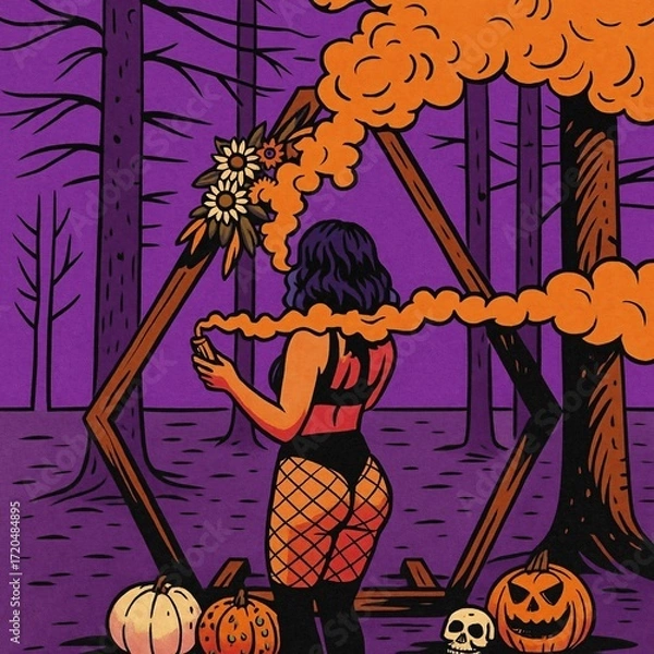 Fototapeta A woman in fishnets holds an orange smoke bomb in a spooky purple forest for Halloween.

