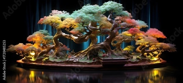 Fototapeta Tiny figures from life banyan bonsai, ai generative