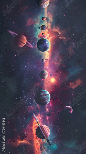 Fototapeta Cosmic Symphony of Celestial Bodies: A mesmerizing image showcasing the vibrant dance of planets across a star-studded galaxy, an awe-inspiring visual of cosmic beauty and celestial wonder.