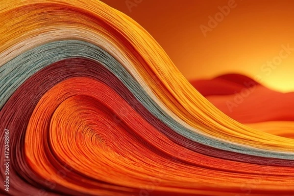 Fototapeta Vibrant flowing waves of colored paper create an abstract landscape with warm hues at sunset