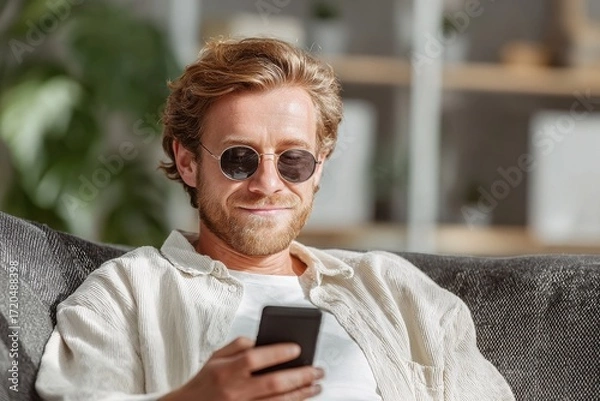 Fototapeta Young man in sunglasses relaxing on a sofa, using a smartphone in a modern living room
