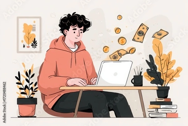 Fototapeta Young man working on a laptop in a cozy workspace with plants and floating money