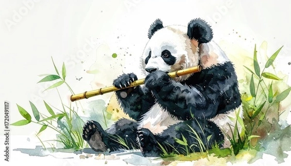 Obraz Panda Playing Bamboo Flute in Watercolor