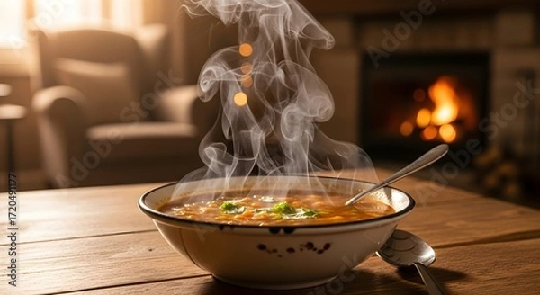 Fototapeta Steaming soup with cozy fireplace, and home.