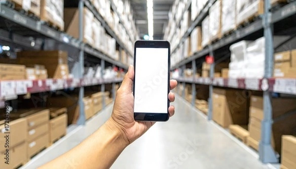 Obraz Person Holding Smartphone in Warehouse Aisle
