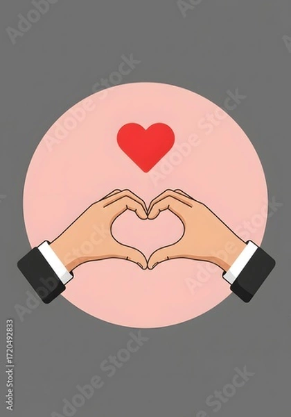 Fototapeta Hands forming a heart shape with a red heart icon above, representing love and connection