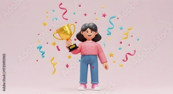 Fototapeta Happy 3D Character Holding Trophy with Confetti and Stars