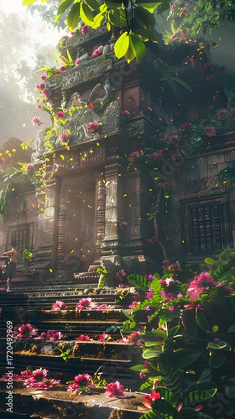 Fototapeta Ancient Temple in Bloom: An aged temple, overgrown with vibrant floral blooms, basks in dappled sunlight, symbolizing nature's triumph over time and man-made structures.