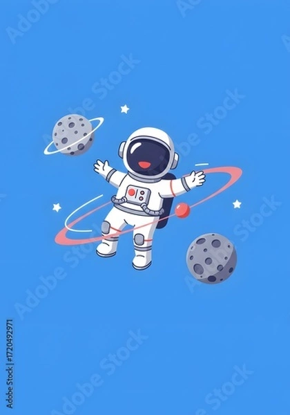 Fototapeta Happy Astronaut Floating in Space with Planets and Stars Illustration