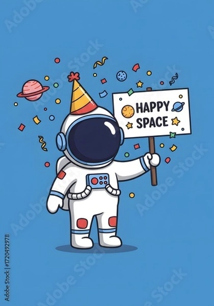 Fototapeta Happy Astronaut Holding "Happy Space" Sign with Planets and Confetti