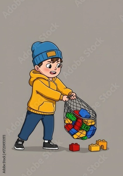 Fototapeta Happy Boy Carrying Bag Full of Colorful Building Blocks Toys
