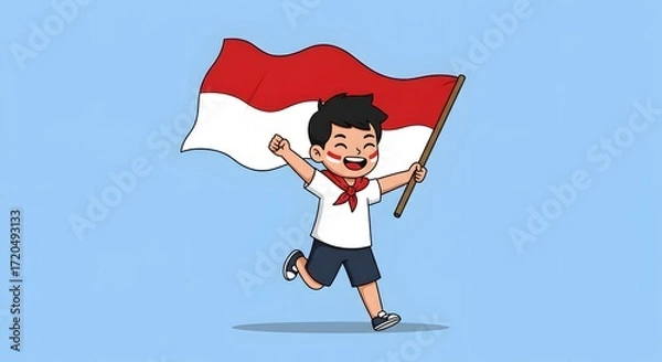 Fototapeta Happy Boy Running with Indonesian Flag