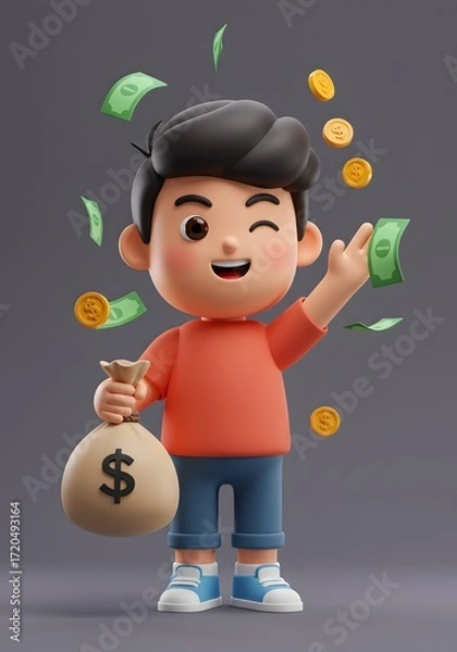 Fototapeta Happy Boy with Bag of Money and Falling Cash and Coins