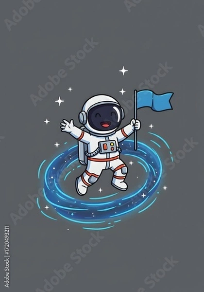 Fototapeta Happy Cartoon Astronaut Planting a Flag in Space