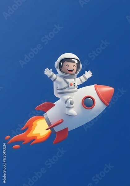 Fototapeta Happy Cartoon Astronaut Riding a Rocket Ship