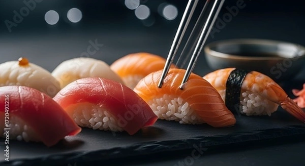 Fototapeta Sushi assortment with chopsticks, and dark background.