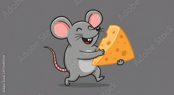 Fototapeta Happy Cartoon Mouse Running with a Big Wedge of Cheese