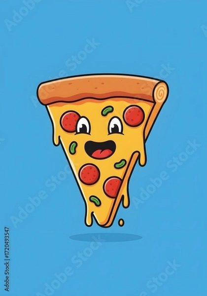 Fototapeta Happy Cartoon Pizza Slice with Pepperoni and Jalapenos