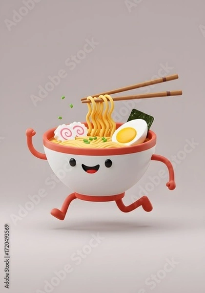 Fototapeta Happy Cartoon Ramen Bowl Running with Chopsticks and Egg