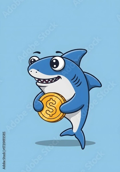 Fototapeta Happy Cartoon Shark Holding a Gold Coin with Dollar Sign