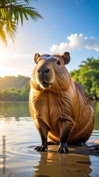 Fototapeta Wet Capybara in Tropical River at Sunset