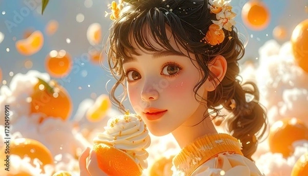 Obraz Whimsical Portrait of a Girl in a Pastel Orange Landscape