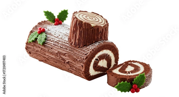 Fototapeta A chocolate yule log cake decorated with holly and a slice cut off, isolated on transparent background