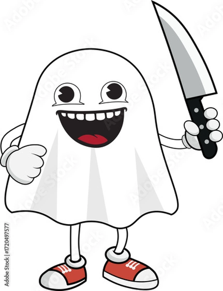 Fototapeta Psychopath ghost, with funny smile, with legs and holding a knife, halloween theme