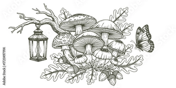 Fototapeta Enchanted forest elements in vintage engraving style: mushrooms, lantern, oak leaves, and butterfly
