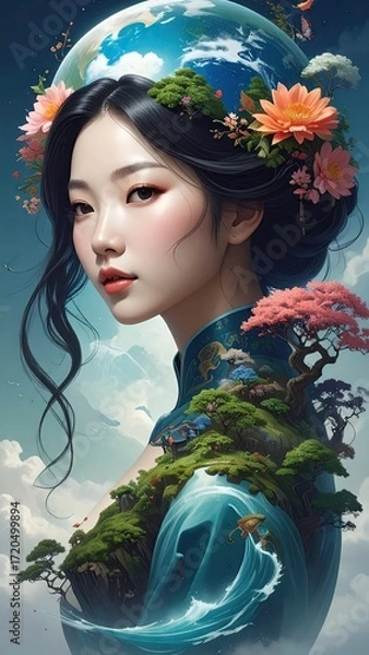 Obraz Woman with Earth Globe and Pixelated Nature