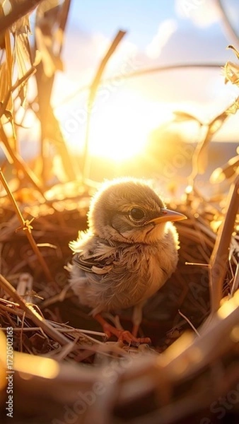 Obraz Baby Bird in Nest at Sunrise
