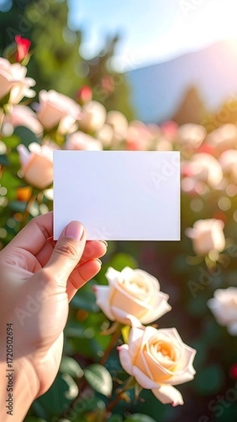 Fototapeta Blank Card Held Against Peach Roses